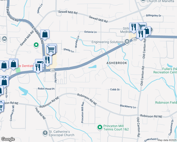 map of restaurants, bars, coffee shops, grocery stores, and more near 921 Bridgegate Drive Northeast in Marietta
