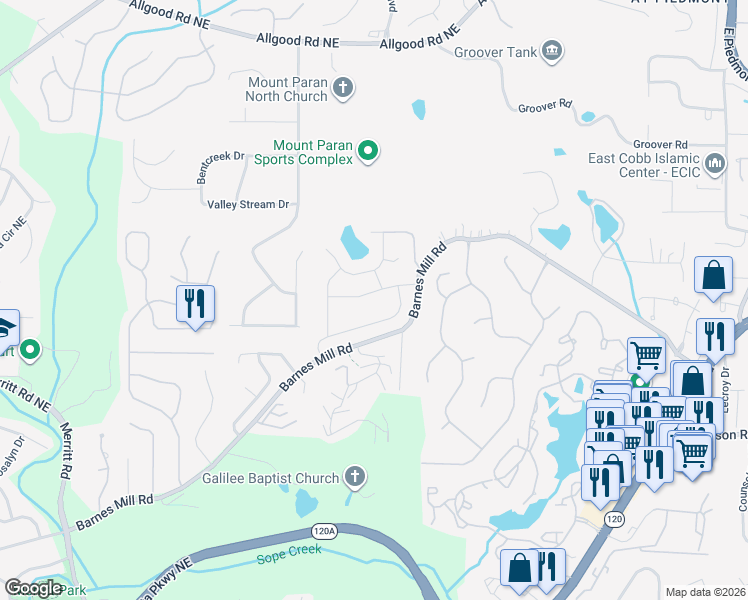 map of restaurants, bars, coffee shops, grocery stores, and more near 1676 Grist Mill Drive in Marietta