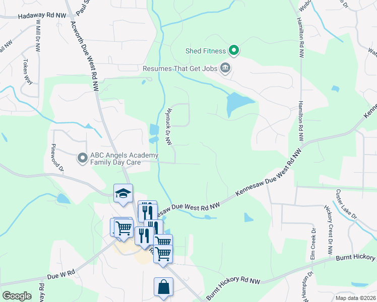 map of restaurants, bars, coffee shops, grocery stores, and more near 3784 Butterfield Drive Northwest in Kennesaw