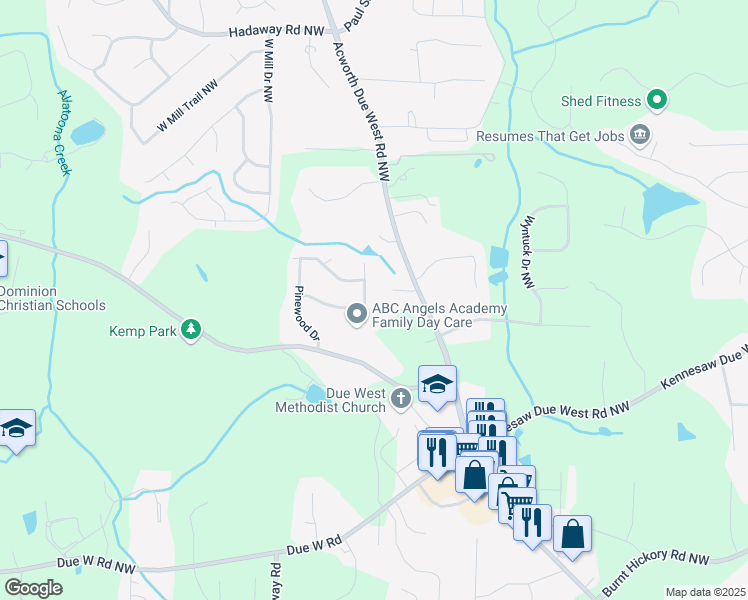 map of restaurants, bars, coffee shops, grocery stores, and more near 4081 Pine Log Drive in Marietta