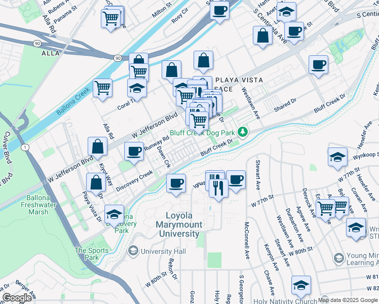 map of restaurants, bars, coffee shops, grocery stores, and more near 5817 South Sparrow Court in Los Angeles