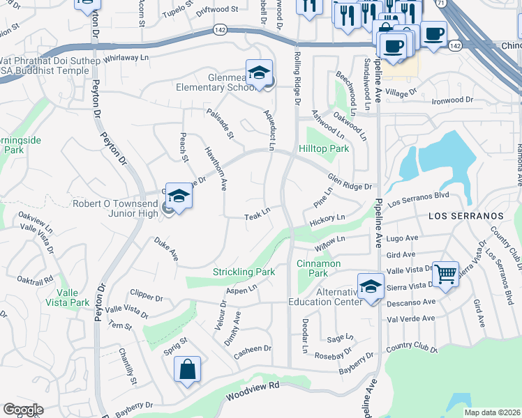 map of restaurants, bars, coffee shops, grocery stores, and more near 3729 Teak Lane in Chino Hills