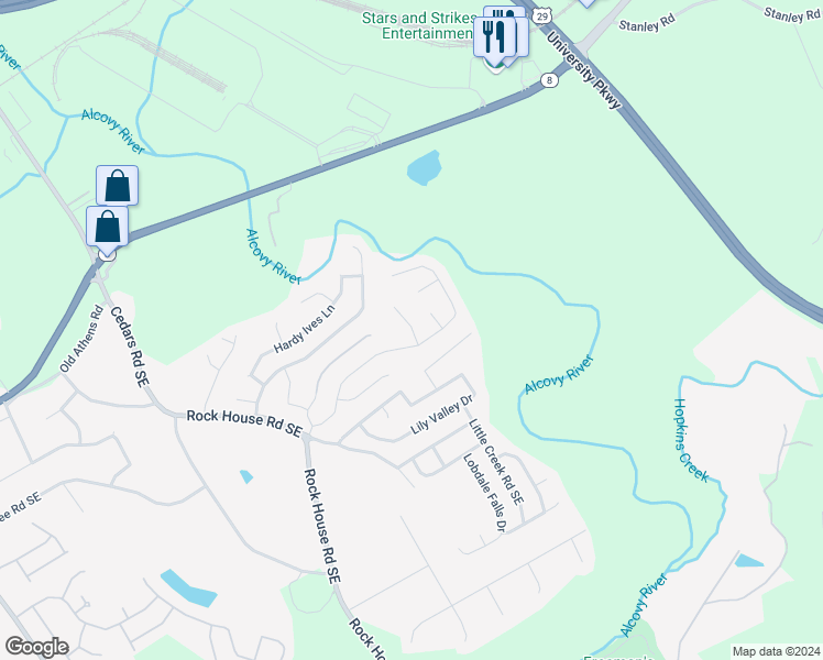 map of restaurants, bars, coffee shops, grocery stores, and more near 215 Canvas Ives Drive in Lawrenceville