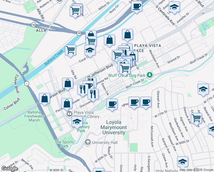 map of restaurants, bars, coffee shops, grocery stores, and more near 12881 North Seaglass Circle in Los Angeles