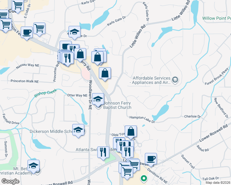 map of restaurants, bars, coffee shops, grocery stores, and more near 1010 Johnson Ferry Road in Marietta