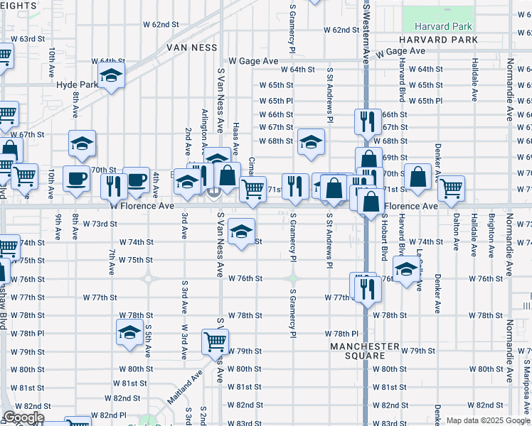 map of restaurants, bars, coffee shops, grocery stores, and more near 2048 West Florence Avenue in Los Angeles