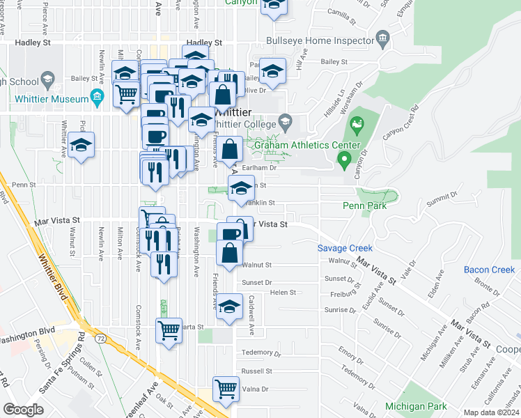 map of restaurants, bars, coffee shops, grocery stores, and more near 13518 Franklin Street in Whittier