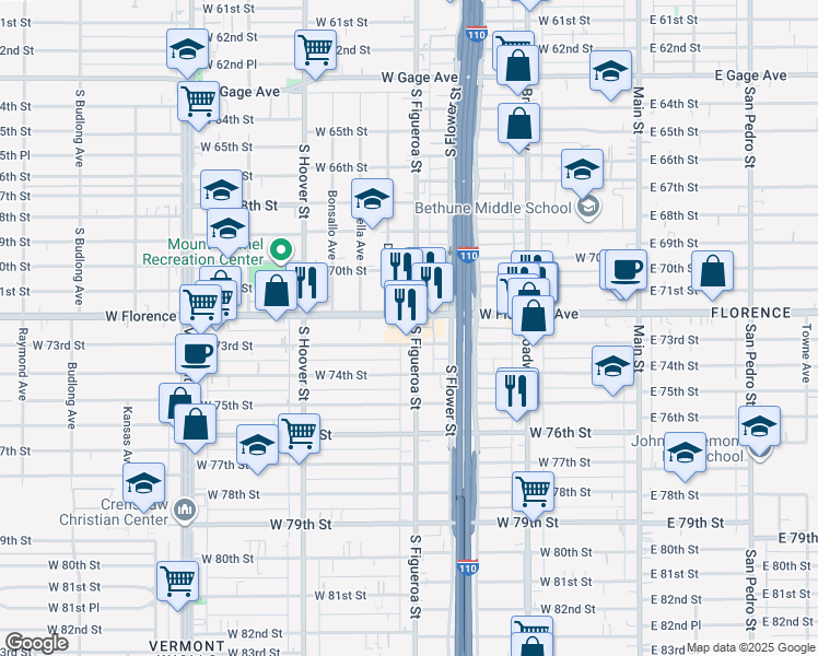 map of restaurants, bars, coffee shops, grocery stores, and more near 7300 South Figueroa Street in Los Angeles