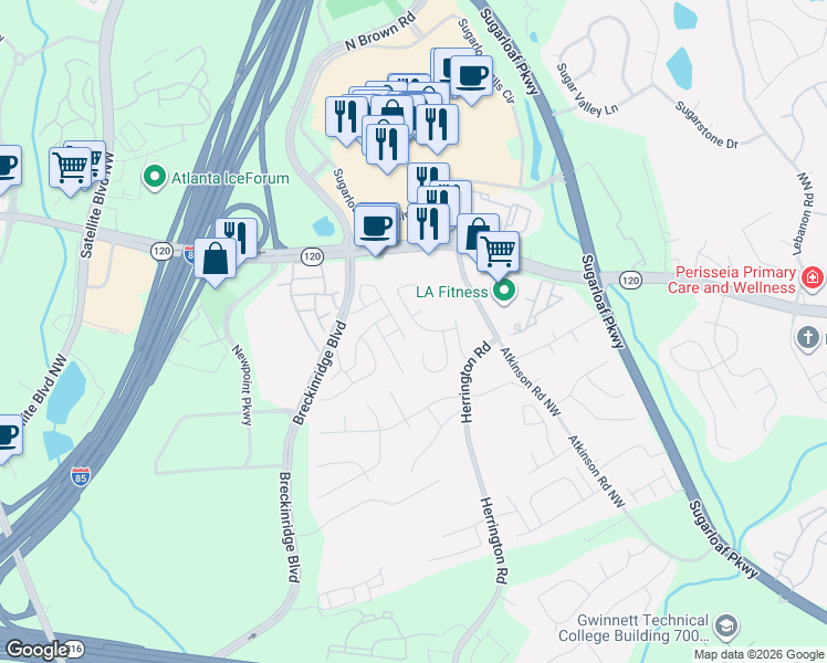 map of restaurants, bars, coffee shops, grocery stores, and more near 1735 Stoneoak Circle in Lawrenceville