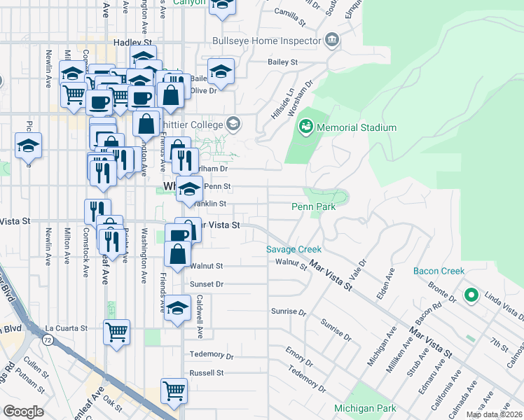 map of restaurants, bars, coffee shops, grocery stores, and more near 7339 College Avenue in Whittier