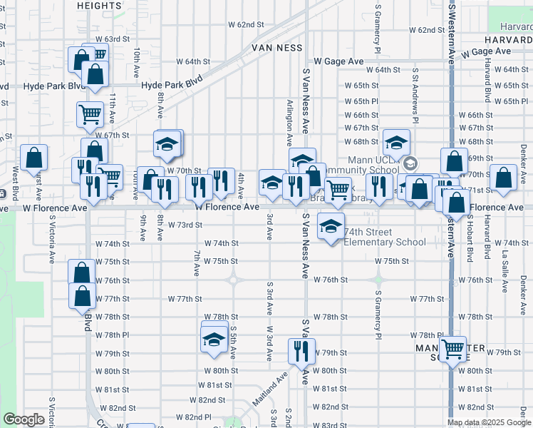 map of restaurants, bars, coffee shops, grocery stores, and more near 2400 West 73rd Street in Los Angeles
