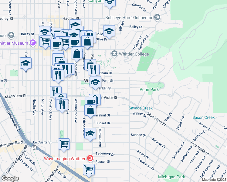 map of restaurants, bars, coffee shops, grocery stores, and more near 13632 Franklin Street in Whittier