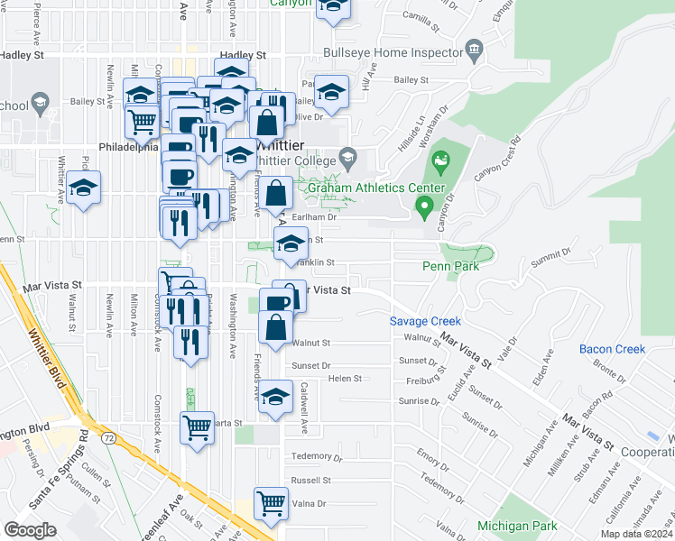 map of restaurants, bars, coffee shops, grocery stores, and more near 13624 Franklin Street in Whittier