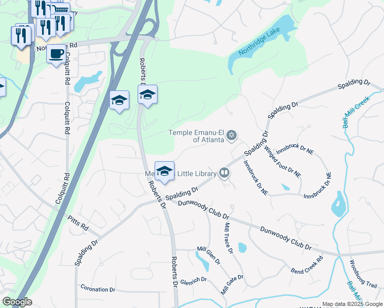map of restaurants, bars, coffee shops, grocery stores, and more near 1595 Bakers Glen Drive in Atlanta