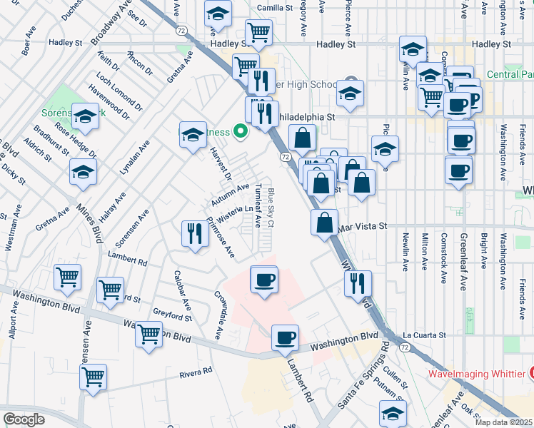 map of restaurants, bars, coffee shops, grocery stores, and more near 12270 Blue Sky Court in Whittier