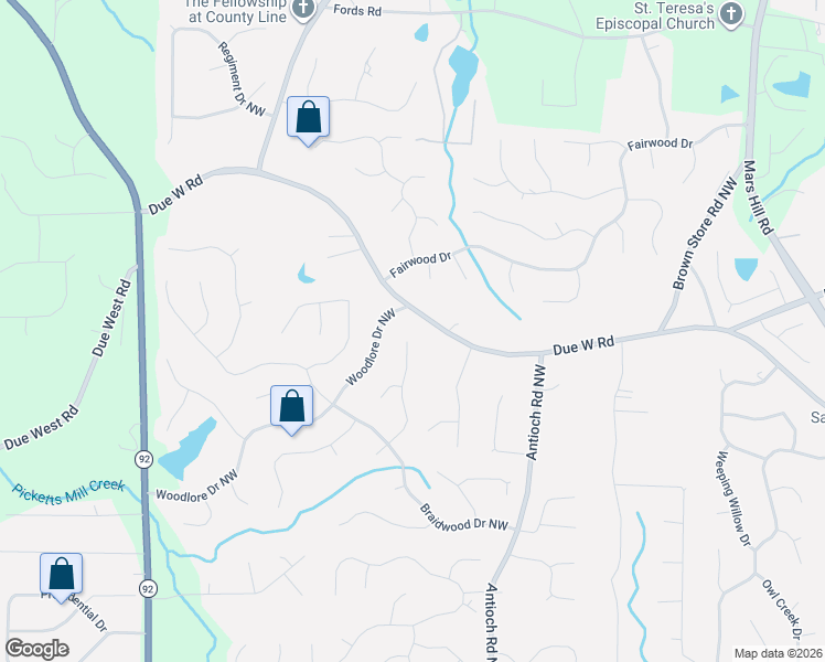 map of restaurants, bars, coffee shops, grocery stores, and more near 694 Braidwood Terrace Northwest in Acworth