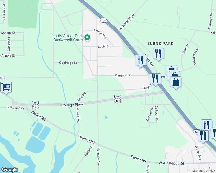 map of restaurants, bars, coffee shops, grocery stores, and more near 497 Gray Road in Gadsden