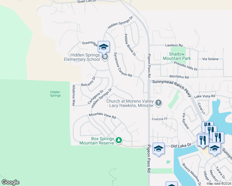map of restaurants, bars, coffee shops, grocery stores, and more near 22720 Springmist Drive in Moreno Valley