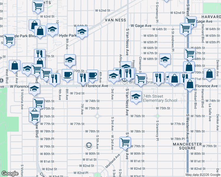 map of restaurants, bars, coffee shops, grocery stores, and more near 2405 West Florence Avenue in Los Angeles