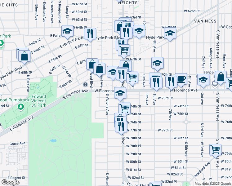 map of restaurants, bars, coffee shops, grocery stores, and more near 7112 South Victoria Avenue in Los Angeles