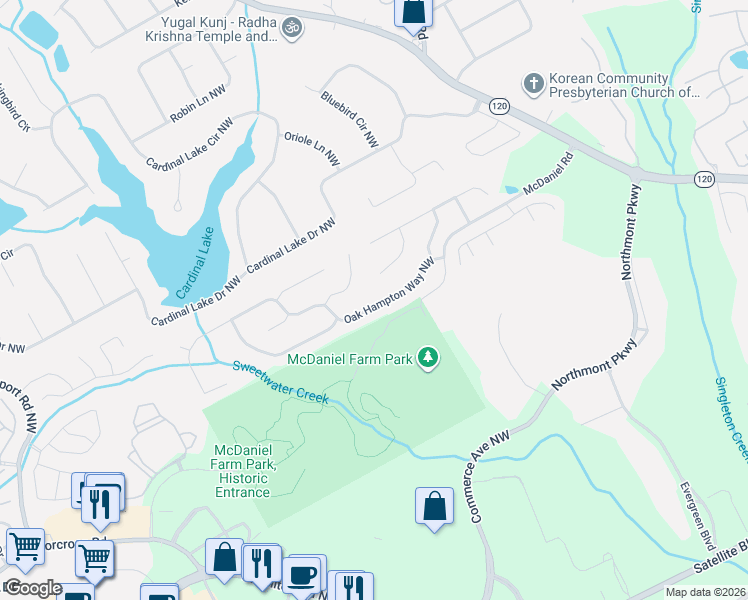 map of restaurants, bars, coffee shops, grocery stores, and more near 3075 Oak Hampton Way in Duluth