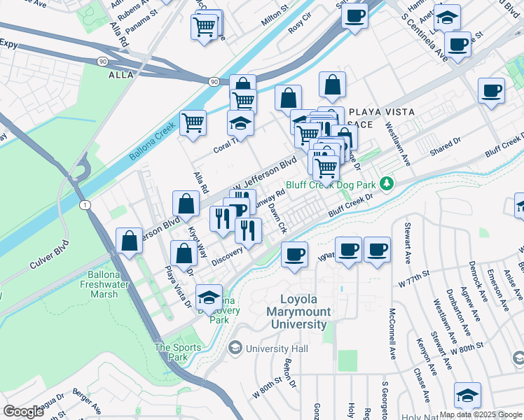 map of restaurants, bars, coffee shops, grocery stores, and more near 12920 West Runway Road in Los Angeles