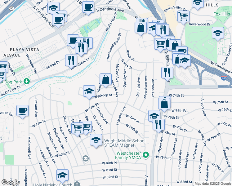 map of restaurants, bars, coffee shops, grocery stores, and more near 7425 McCool Avenue in Los Angeles
