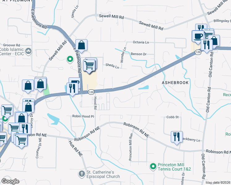 map of restaurants, bars, coffee shops, grocery stores, and more near 1039 Sterling Ridge Chase Northeast in Marietta