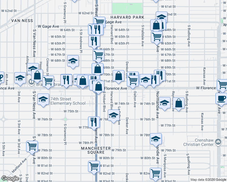 map of restaurants, bars, coffee shops, grocery stores, and more near 1654 West Florence Avenue in Los Angeles