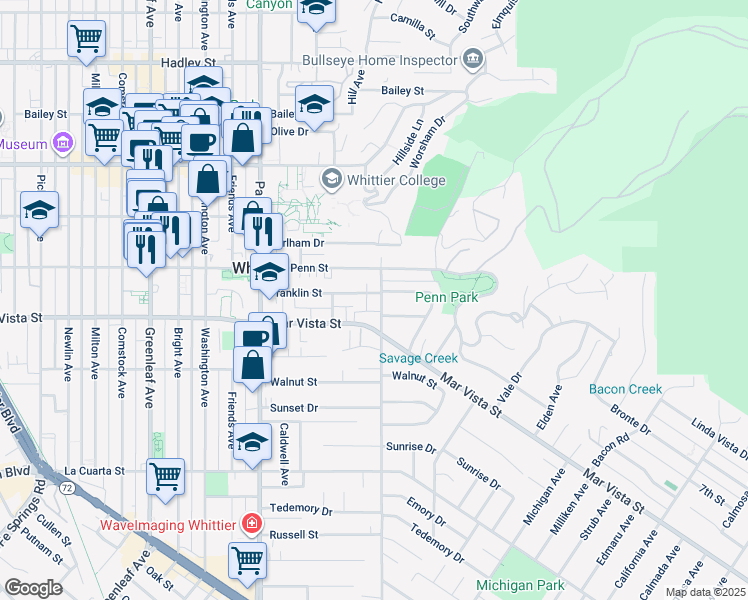 map of restaurants, bars, coffee shops, grocery stores, and more near 7339 College Avenue in Whittier