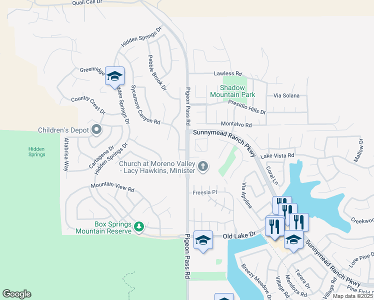 map of restaurants, bars, coffee shops, grocery stores, and more near Pigeon Pass Road in Moreno Valley