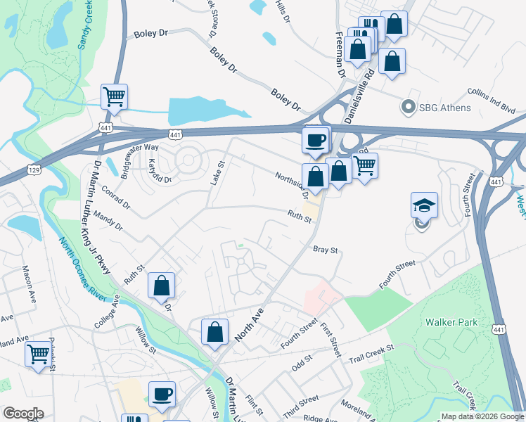 map of restaurants, bars, coffee shops, grocery stores, and more near 485 Ruth Street in Athens