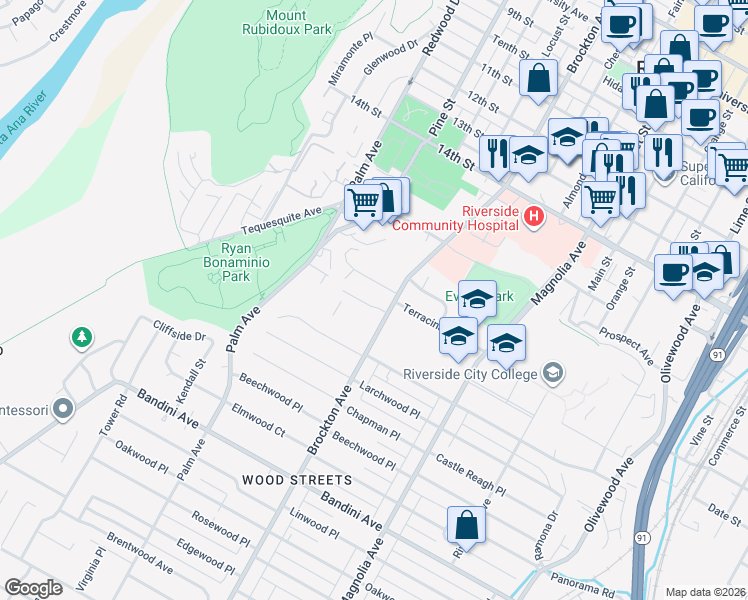 map of restaurants, bars, coffee shops, grocery stores, and more near 4151 Homewood Court in Riverside