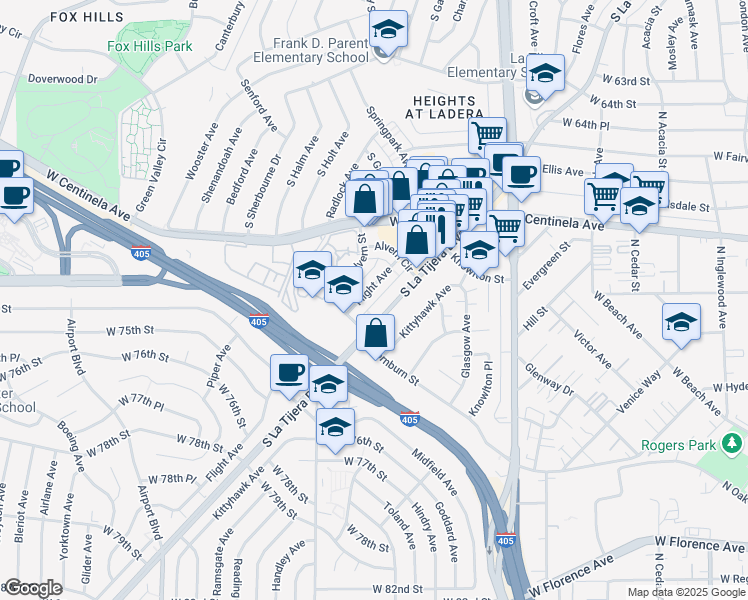map of restaurants, bars, coffee shops, grocery stores, and more near 7022 Flight Avenue in Los Angeles