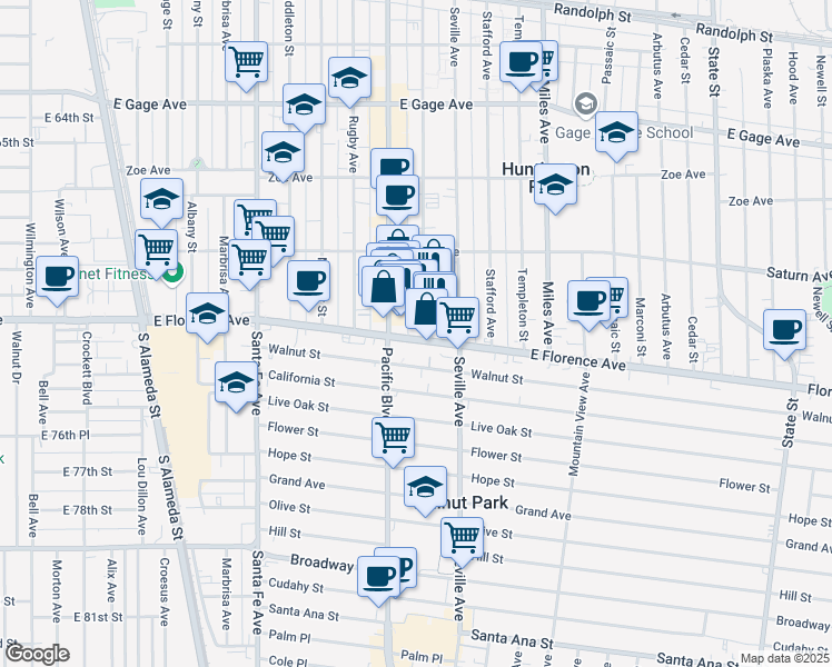 map of restaurants, bars, coffee shops, grocery stores, and more near in Walnut Park