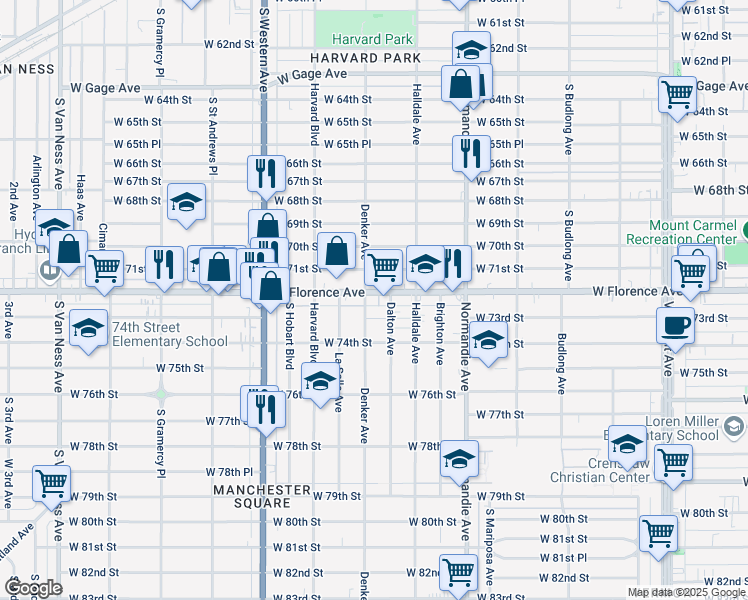 map of restaurants, bars, coffee shops, grocery stores, and more near 1604 West 71st Street in Los Angeles