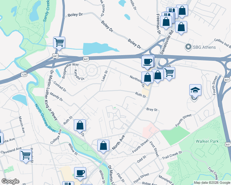 map of restaurants, bars, coffee shops, grocery stores, and more near 479 Ruth Street in Athens