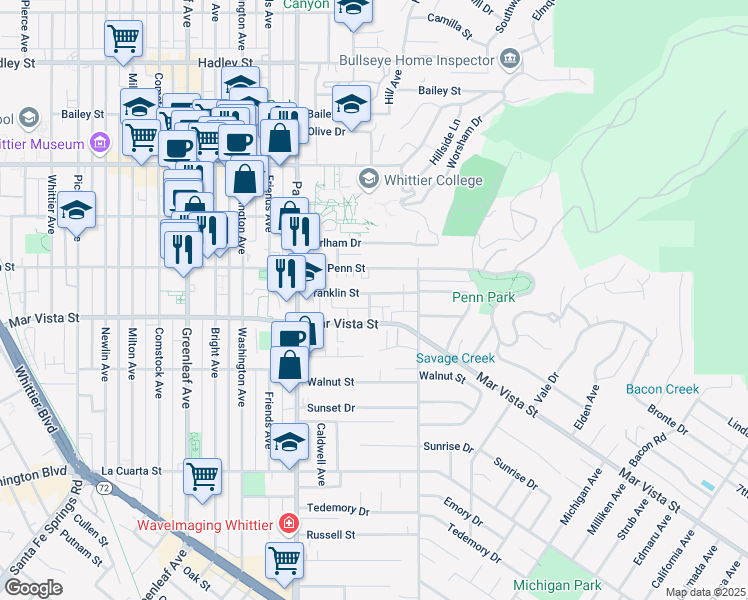 map of restaurants, bars, coffee shops, grocery stores, and more near 13704 Franklin Street in Whittier