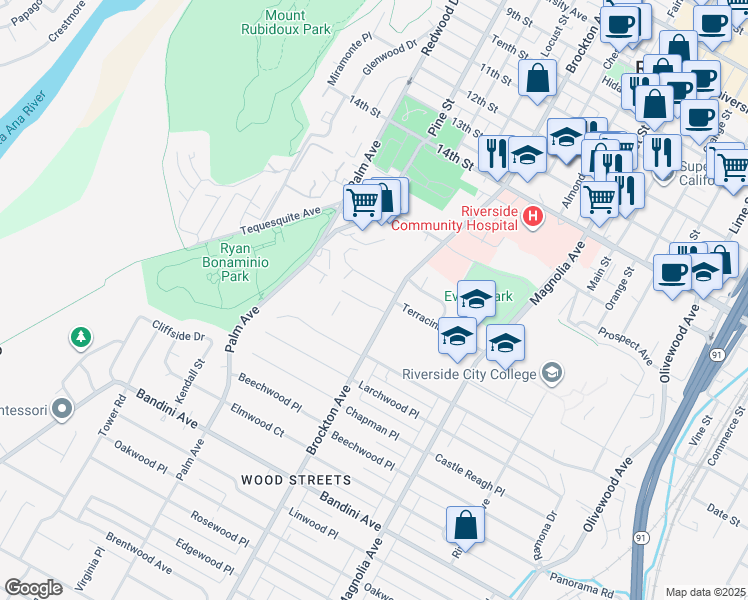 map of restaurants, bars, coffee shops, grocery stores, and more near 4151 Homewood Court in Riverside