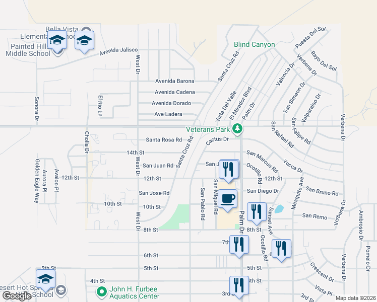 map of restaurants, bars, coffee shops, grocery stores, and more near 66195 Santa Rosa Road in Desert Hot Springs