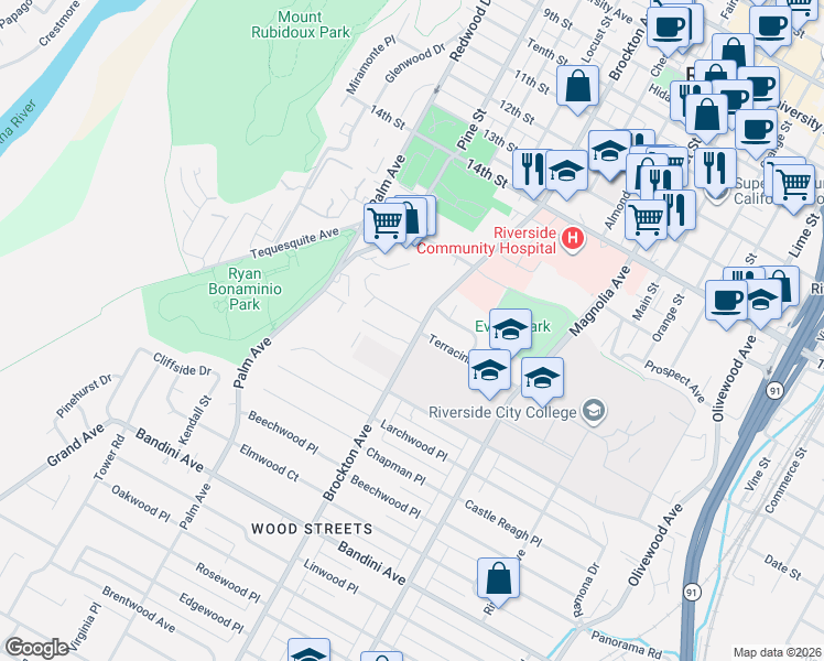 map of restaurants, bars, coffee shops, grocery stores, and more near 4175 Alta Vista Drive in Riverside