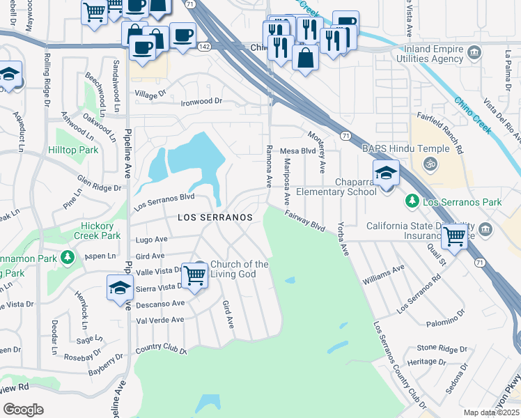 map of restaurants, bars, coffee shops, grocery stores, and more near 15347 Lotus Circle in Chino Hills