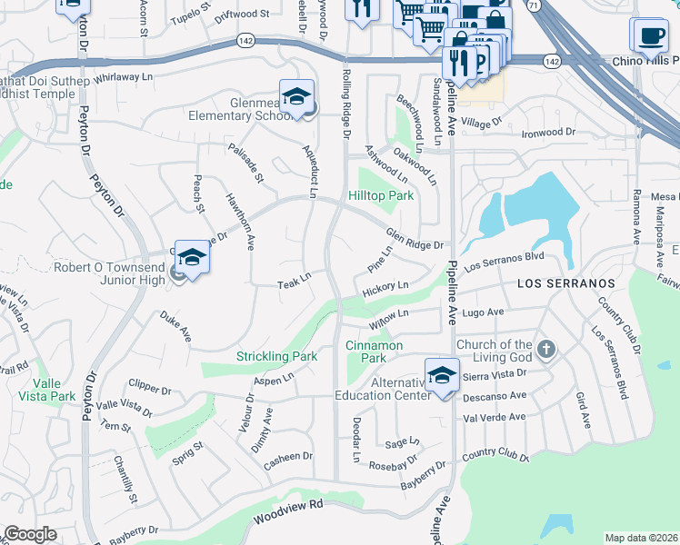 map of restaurants, bars, coffee shops, grocery stores, and more near 3871 Arbor Court in Chino Hills