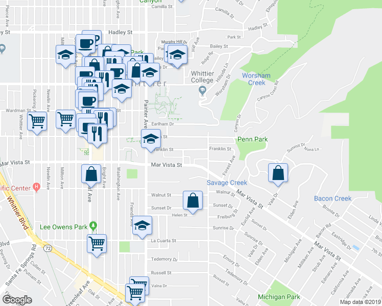 map of restaurants, bars, coffee shops, grocery stores, and more near 13716 Penn Street in Whittier