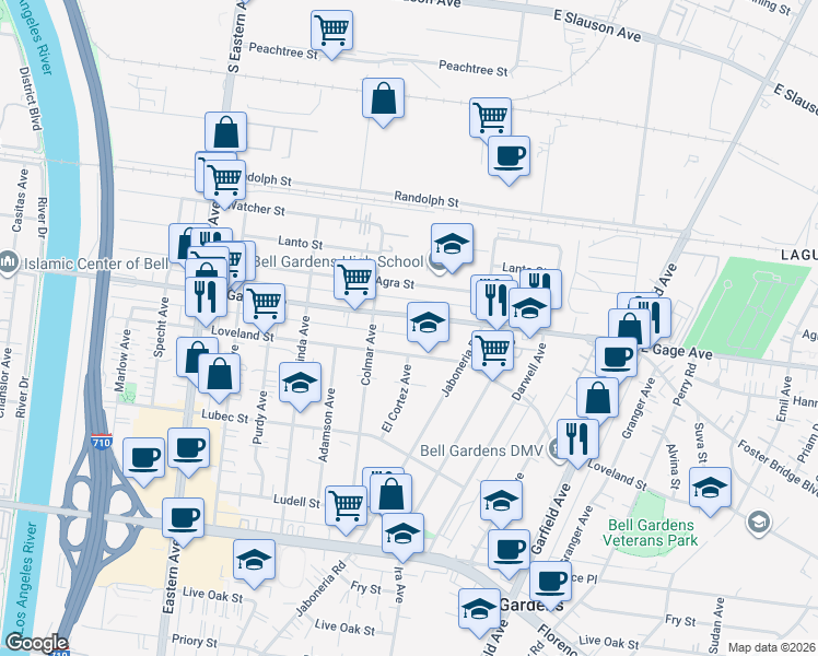 map of restaurants, bars, coffee shops, grocery stores, and more near 6105 East Gage Avenue in Bell Gardens