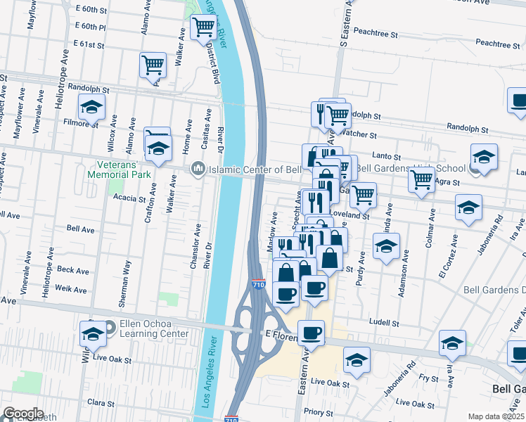 map of restaurants, bars, coffee shops, grocery stores, and more near 5505 Loveland Street in Bell Gardens