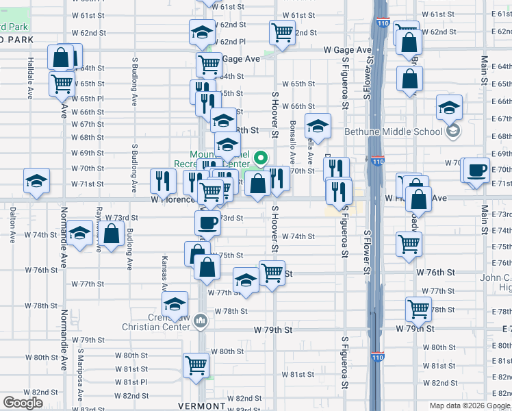 map of restaurants, bars, coffee shops, grocery stores, and more near 837 West Florence Avenue in Los Angeles