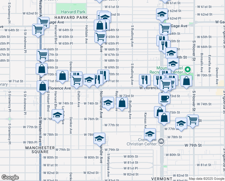 map of restaurants, bars, coffee shops, grocery stores, and more near 1327 West Florence Avenue in Los Angeles