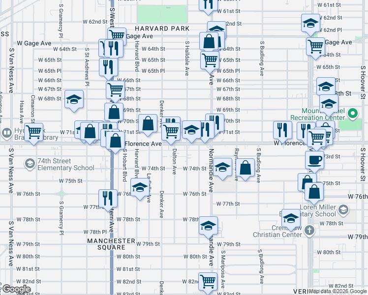 map of restaurants, bars, coffee shops, grocery stores, and more near 1450 West 71st Street in Los Angeles