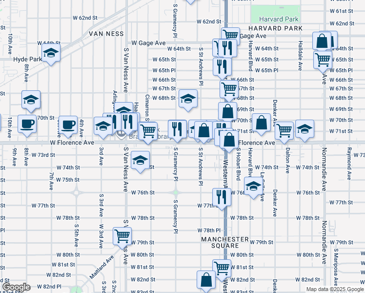 map of restaurants, bars, coffee shops, grocery stores, and more near 1938 West 71st Street in Los Angeles